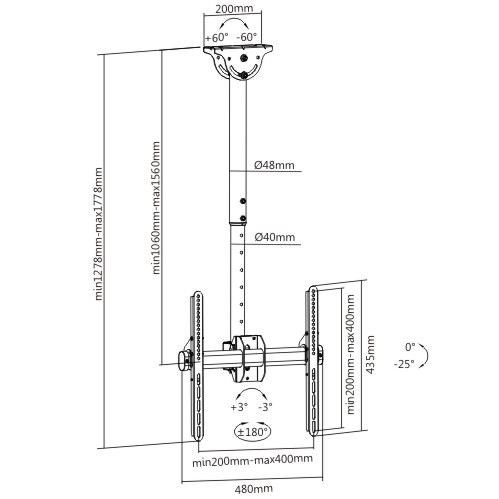 Кронштейн потолочный Brateck PLB-CE944-01L, 106-156см, до 50кг